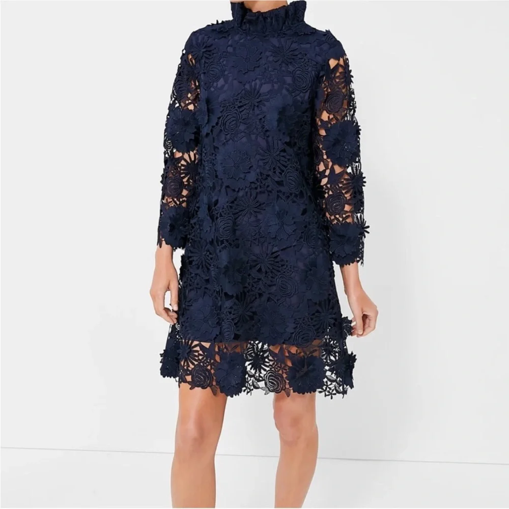 Tuckernuck Navy Floral Lace Mini Dress with Back Bow - Picture 2 of 14